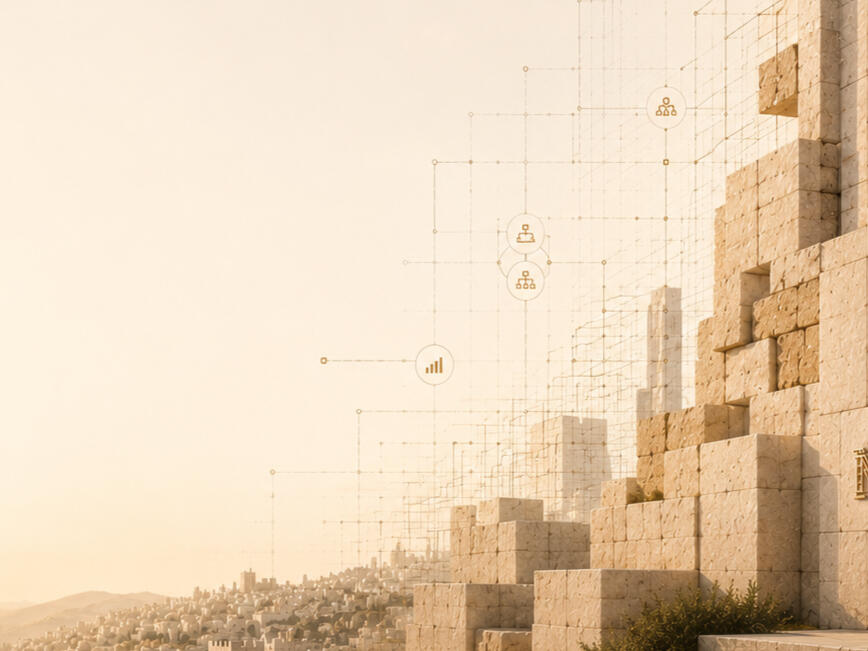 NehemiOps architectural hero — desktop Warm limestone architecture with a subtle operations-system overlay and quiet space for NehemiOps hero copy.