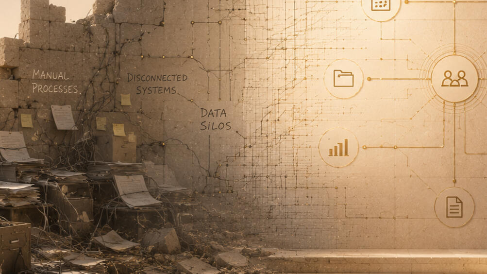 Operational fragmentation illustration Illustration contrasting manual, disconnected processes and data silos with an integrated church operations system.